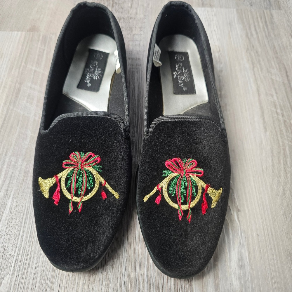 SunBay Womens Holiday Horn Embroidered Velvet Loafers 8 Black Christmas Preppy